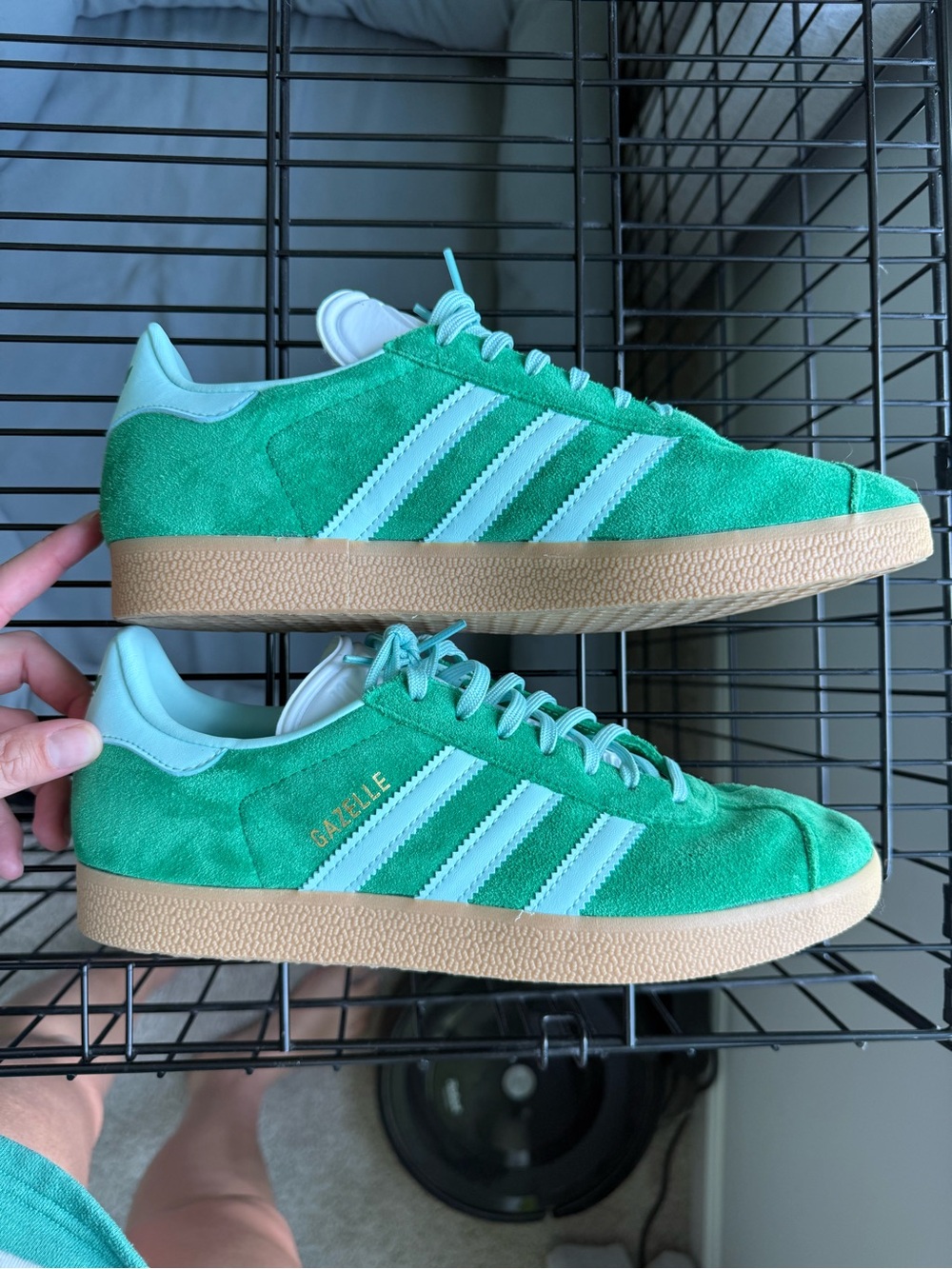 Adidas Green Suede Gazelle Sneakers with Light Blue Stripes